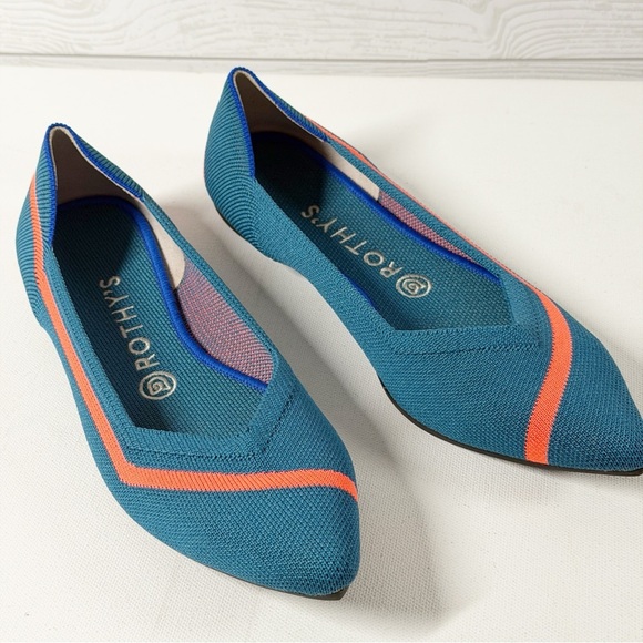 Rothy's Pointed Knit Flats Teal Blue/Neon Stripe Preppy Casual Retired Size 9 - Picture 12 of 15